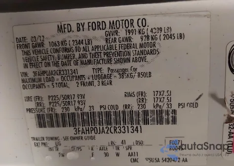 2012 Ford Fusion Sel из США, поврежденный, VIN 3FAHP0JA2CR331341